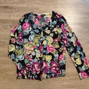 Talbots Petites Pure Merino Wool Floral Cardigan Bead Buttons LP Blk Purple Grn